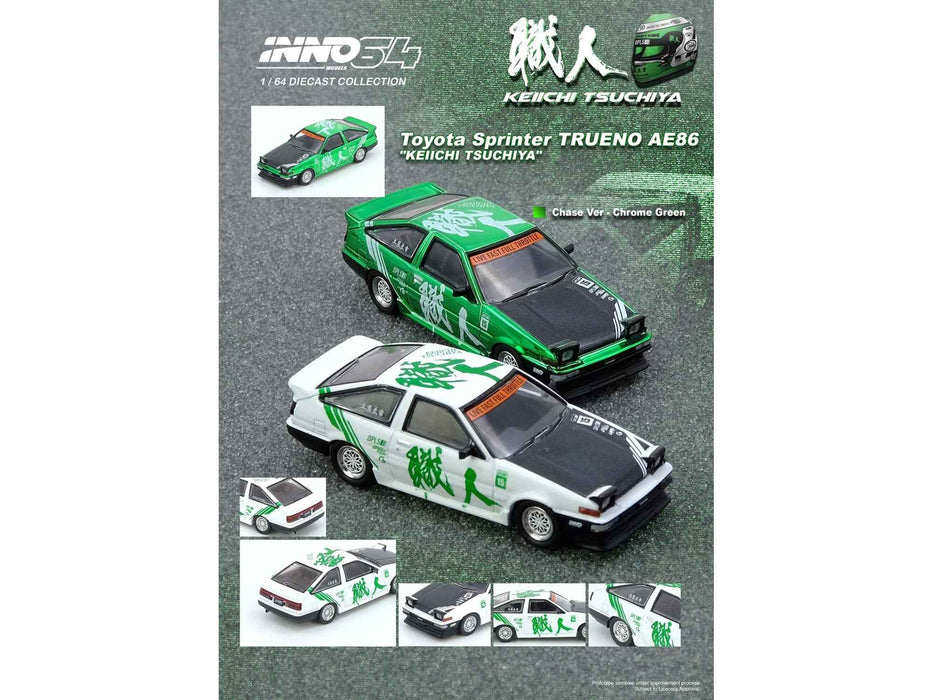 Toyota Sprinter Trueno (AE86) RHD (Right Hand Drive) #15 "Keiichi Tsuchiya" White with Green Graphics 1/64 Diecast Model Car by Inno Models