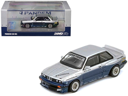 Pandem E30 M3 Silver Metallic and Dark Blue 1/64 Diecast Model Car by Inno Models
