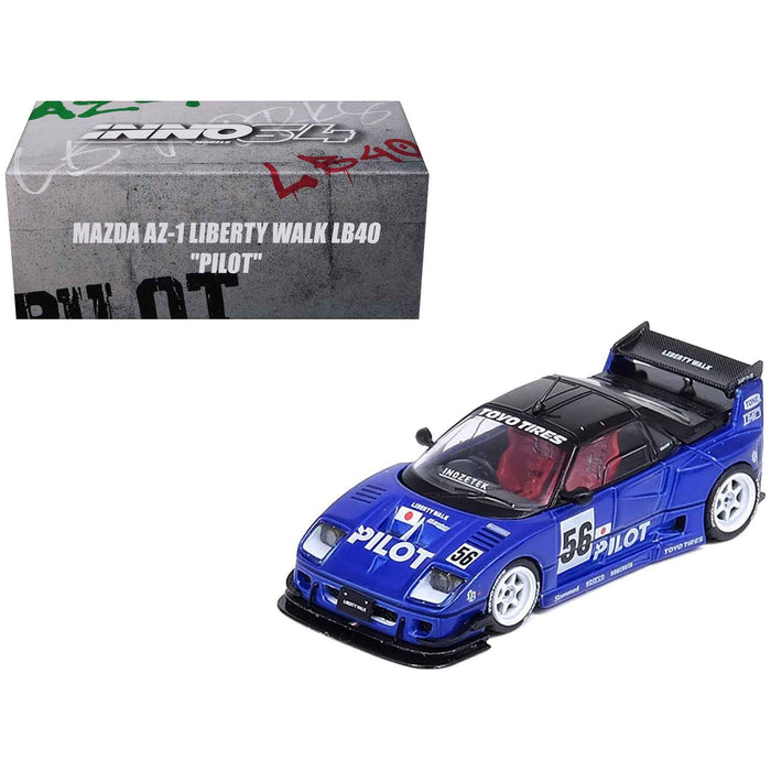Mazda AZ-1 Liberty Walk LB40 RHD (Right Hand Drive) #56 "Pilot" Blue with Black Top 1/64 Diecast Model Car by Inno Models