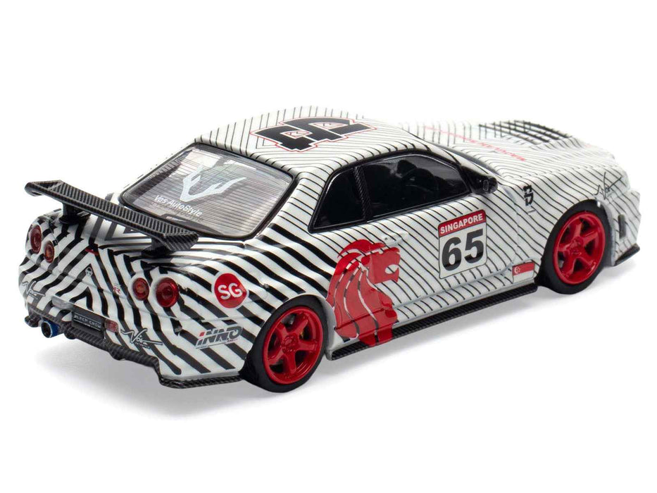 Nissan Skyline GT-R (R34) RHD (Right Hand Drive) #65 "Black Crow" White with Black Pinstripes "Singapore Diecast Expo 2025 Event Edition" 1/64 Diecast Model Car by Inno Models