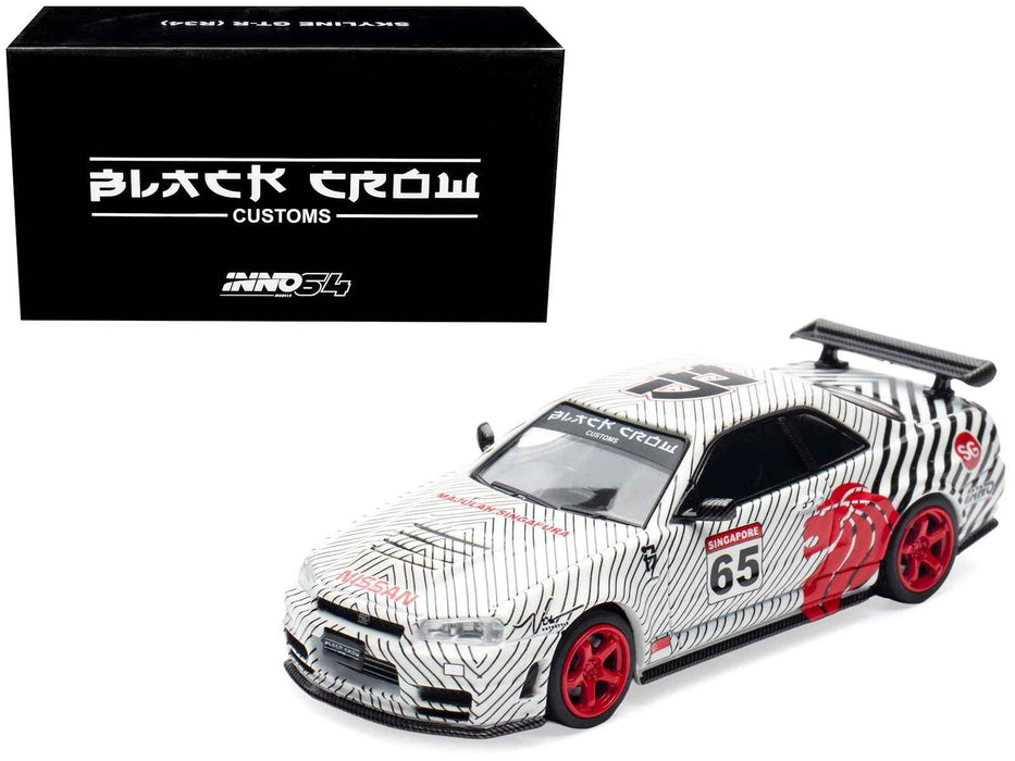 Nissan Skyline GT-R (R34) RHD (Right Hand Drive) #65 "Black Crow" White with Black Pinstripes "Singapore Diecast Expo 2025 Event Edition" 1/64 Diecast Model Car by Inno Models