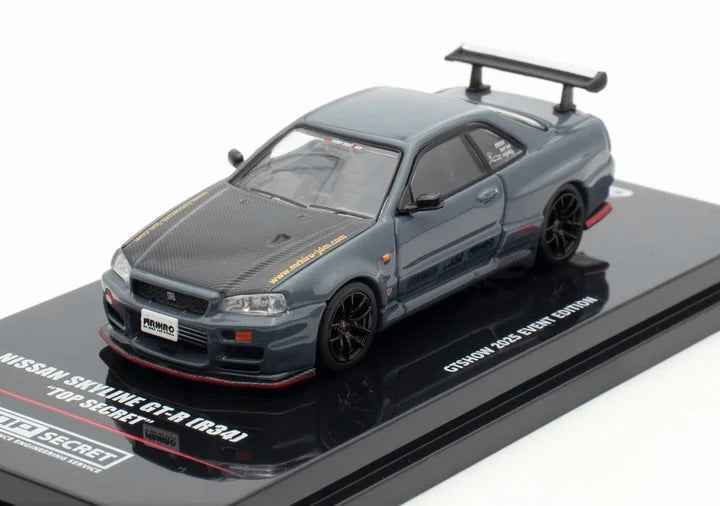 Nissan Skyline GT-R (R34) "Top Secret" RHD (Right Hand Drive) Stealth Gray with Carbon Hood "GTSHOW 2025 Event Edition" 1/64 Diecast Model Car by Inno Models