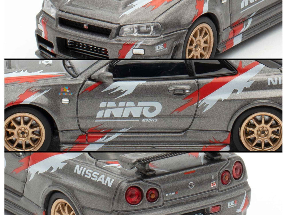 Nissan Skyline GT-R (R34) Z-Tune RHD (Right Hand Drive) Gray Metallic with Graphics "Indonesia Diecast Expo 2024 Exclusive Edition" 1/64 Diecast Model Car by Inno Models