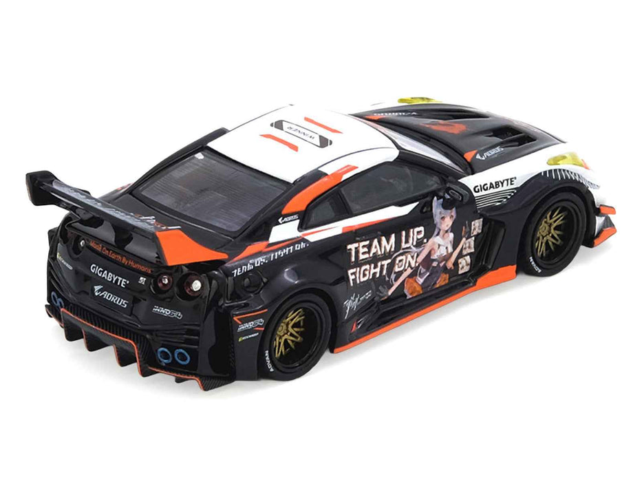 Nissan GT-R (R35) Widebody RHD (Right Hand Drive) Black and White with Graphics "AORUS X INNO64 Limited Edition" 1/64 Diecast Model Car by Inno Models