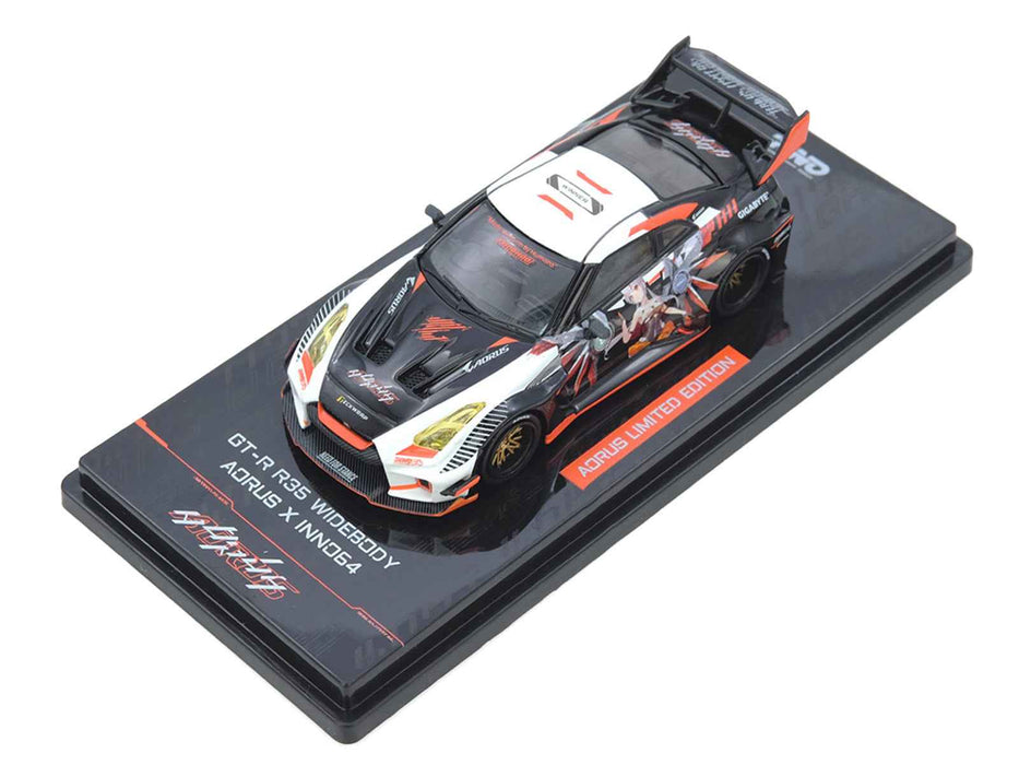 Nissan GT-R (R35) Widebody RHD (Right Hand Drive) Black and White with Graphics "AORUS X INNO64 Limited Edition" 1/64 Diecast Model Car by Inno Models