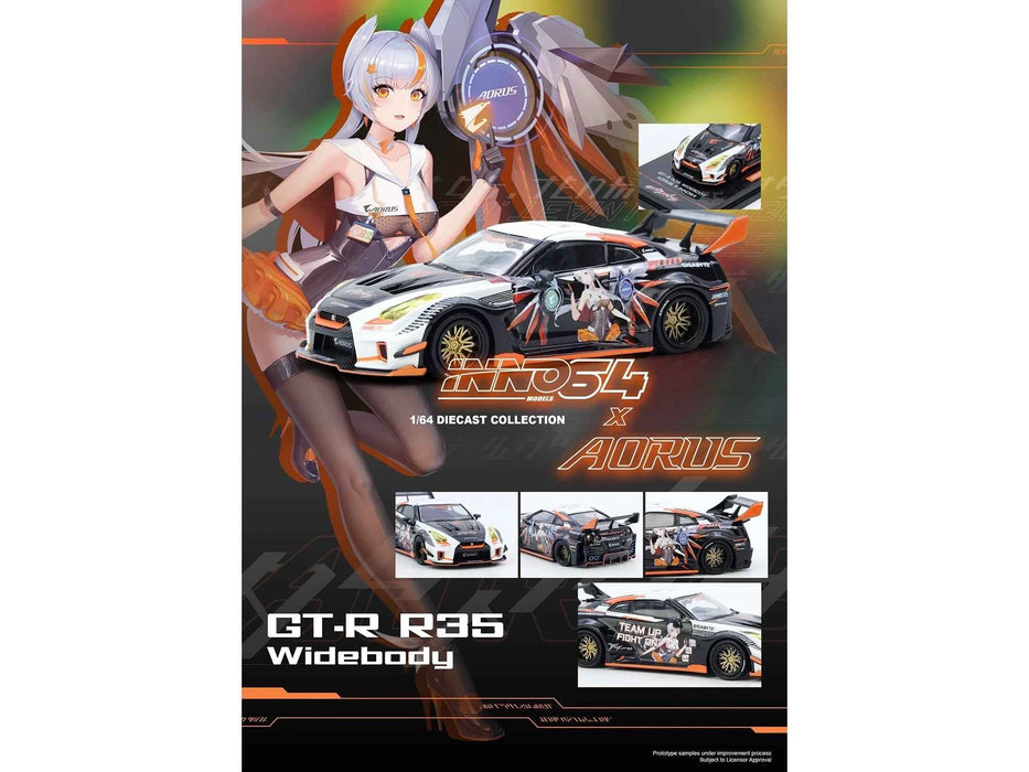 Nissan GT-R (R35) Widebody RHD (Right Hand Drive) Black and White with Graphics "AORUS X INNO64 Limited Edition" 1/64 Diecast Model Car by Inno Models