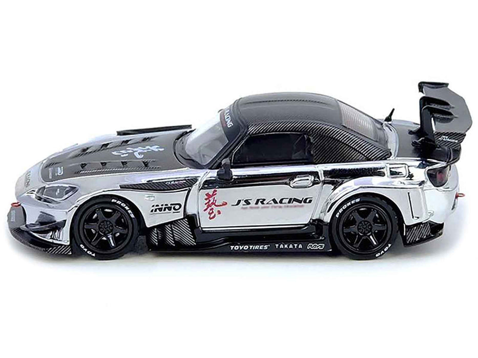 Honda S2000 RHD (Right Hand Drive) "J's Racing" Chrome Silver with Carbon Hood and Top with Graphics "Tokyo Auto Salon Hong Kong 2025 Event Edition" 1/64 Diecast Model Car by Inno Models