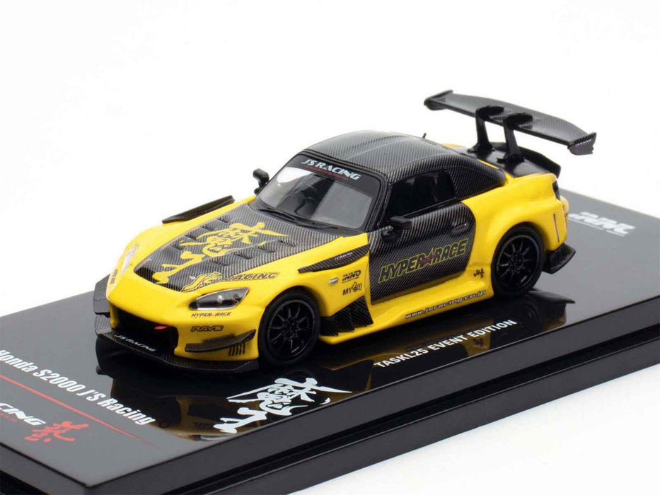 Honda S2000 RHD (Right Hand Drive) "J's Racing" Yellow with Carbon Hood and Top with Graphics "Tokyo Auto Salon Kuala Lumpur 2025 Event Edition" 1/64 Diecast Model Car by Inno Models
