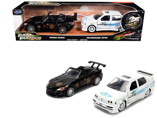 Honda S2000 Black with Graphics and Volkswagen Jetta White with Graphics Set of 2 pieces "25 Years of Fast & Furious" Series 1/32 Diecast Model Cars by Jada