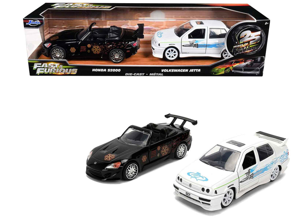 Honda S2000 Black with Graphics and Volkswagen Jetta White with Graphics Set of 2 pieces "25 Years of Fast & Furious" Series 1/32 Diecast Model Cars by Jada