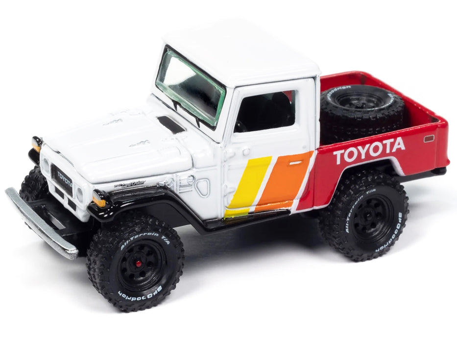 1980 Toyota Land Cruiser Pickup Truck White and Red with Stripes and Open Car Trailer Limited Edition "Tow & Go" Series 1/64 Diecast Model Car by Johnny Lightning
