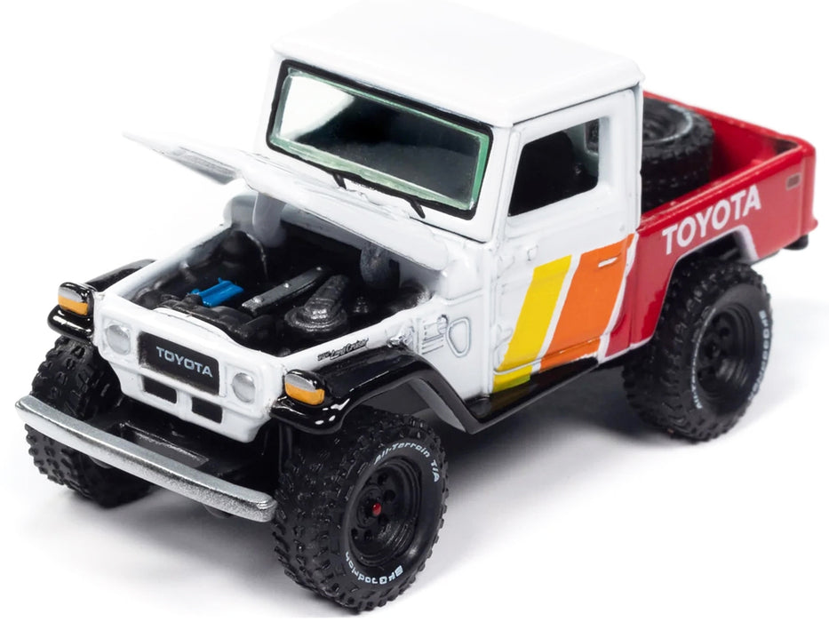 1980 Toyota Land Cruiser Pickup Truck White and Red with Stripes and Open Car Trailer Limited Edition "Tow & Go" Series 1/64 Diecast Model Car by Johnny Lightning