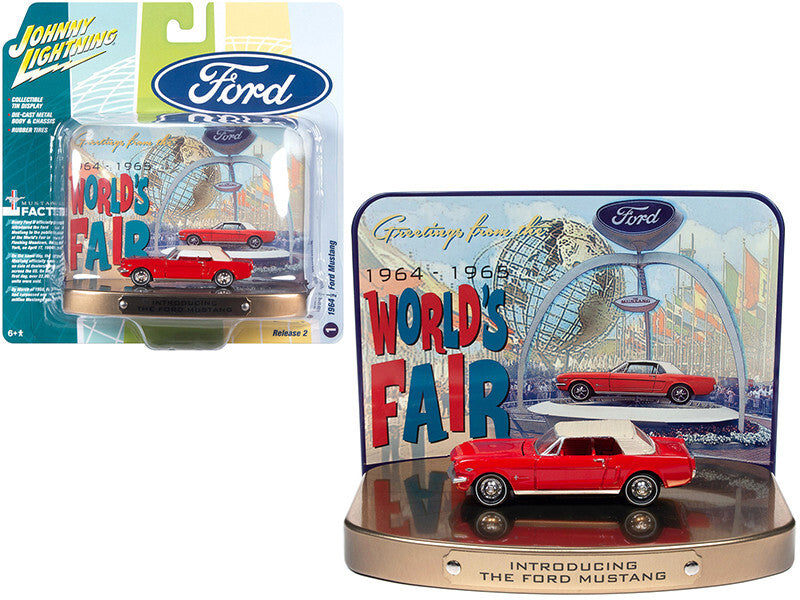 1964 1/2 Ford Mustang Rangoon Red with Red Interior with Collectible Tin Display "Introducing The Ford Mustang" "Greetings from World's Fair 1964-1965" 1/64 Diecast Model Car by Johnny Lightning