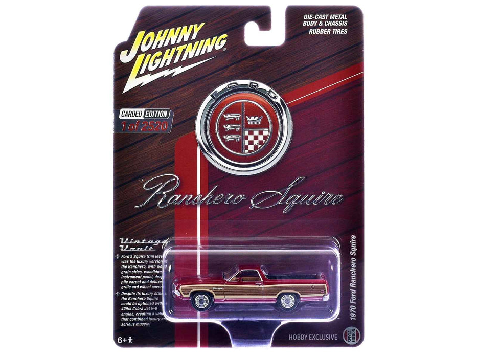 1970 Ford Ranchero Squire Red with Woodgrain Sides "Hobby Exclusive" Series Limited Edition to 2520 pieces Worldwide 1/64 Diecast Model Car by Johnny Lightning
