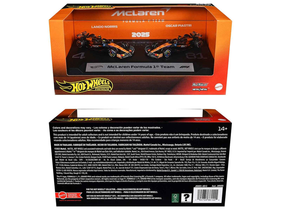 "McLaren Formula 1 Team" Formula One F1 World Championship (2025) 2 Piece Set Diecast Model Cars by Hot Wheels