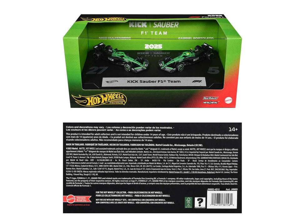 "Kick Sauber F1 Team" Formula One F1 World Championship (2025) 2 Piece Set Diecast Model Cars by Hot Wheels