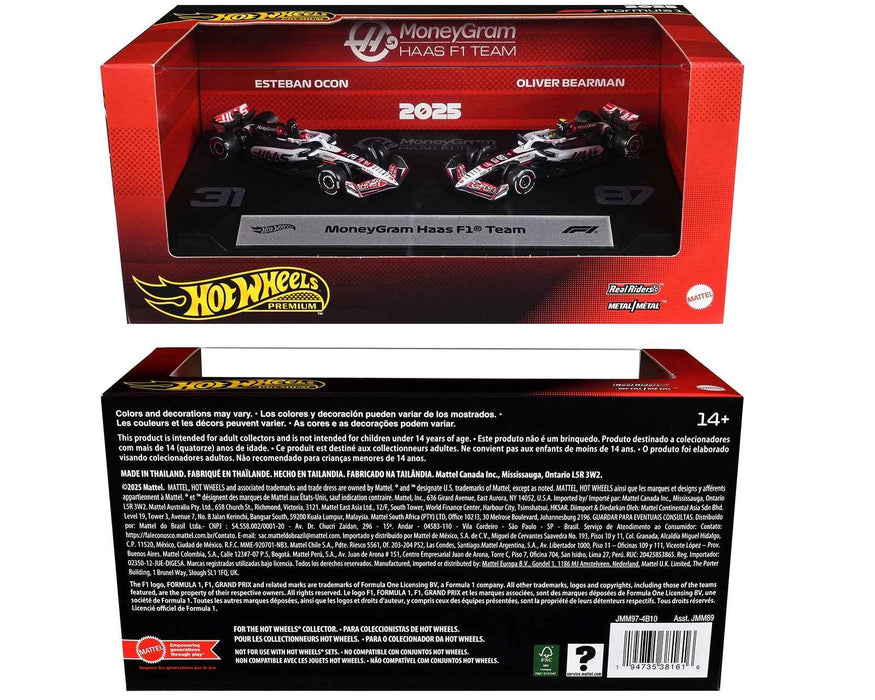 "MoneyGram Haas F1 Team" Formula One F1 World Championship (2025) 2 Piece Set Diecast Model Cars by Hot Wheels
