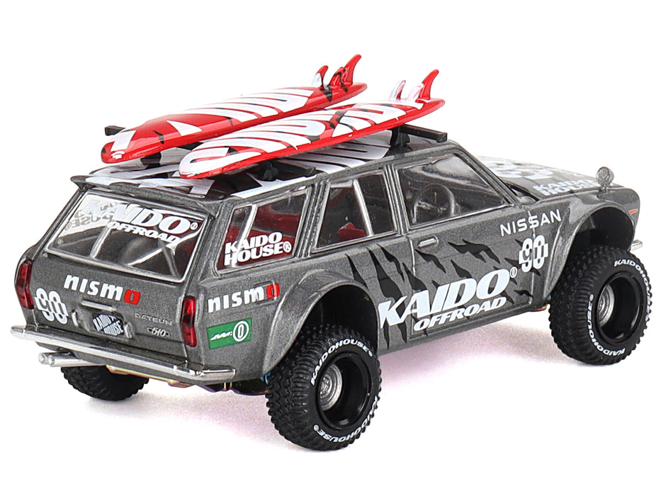 Datsun Kaido 510 Wagon 4x4 RHD (Right Hand Drive) "Kaido Offroad V1" Gray Metallic with Red Interior and Surfboards on Roof (Designed by Jun Imai) "Kaido House" Special 1/64 Diecast Model Car by Mini GT