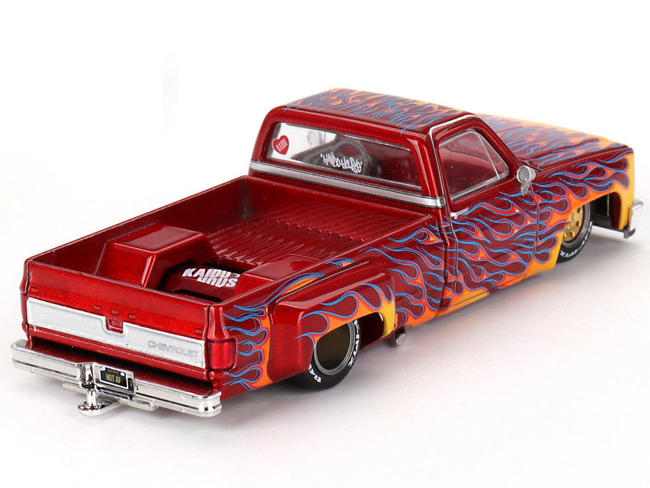 Chevrolet Silverado Dually Pickup Truck "On Fire V1" Red Metallic with Flames and Red Interior (Designed by Jun Imai) "Kaido House" Special 1/64 Diecast Model Car by Mini GT - Miniature Motors