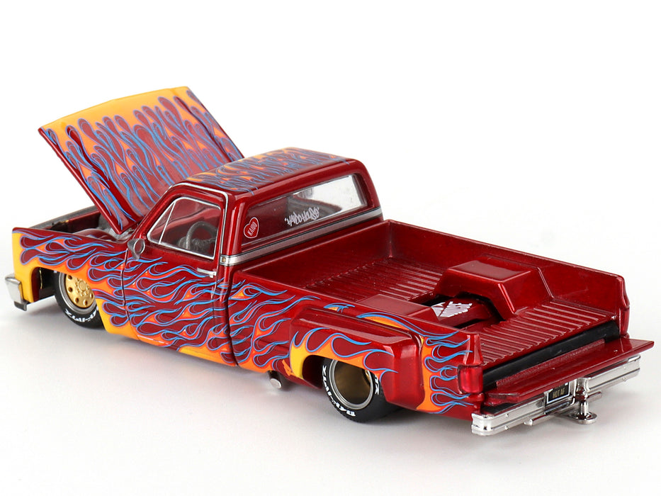 Chevrolet Silverado Dually Pickup Truck "On Fire V1" Red Metallic with Flames and Red Interior (Designed by Jun Imai) "Kaido House" Special 1/64 Diecast Model Car by Mini GT - Miniature Motors