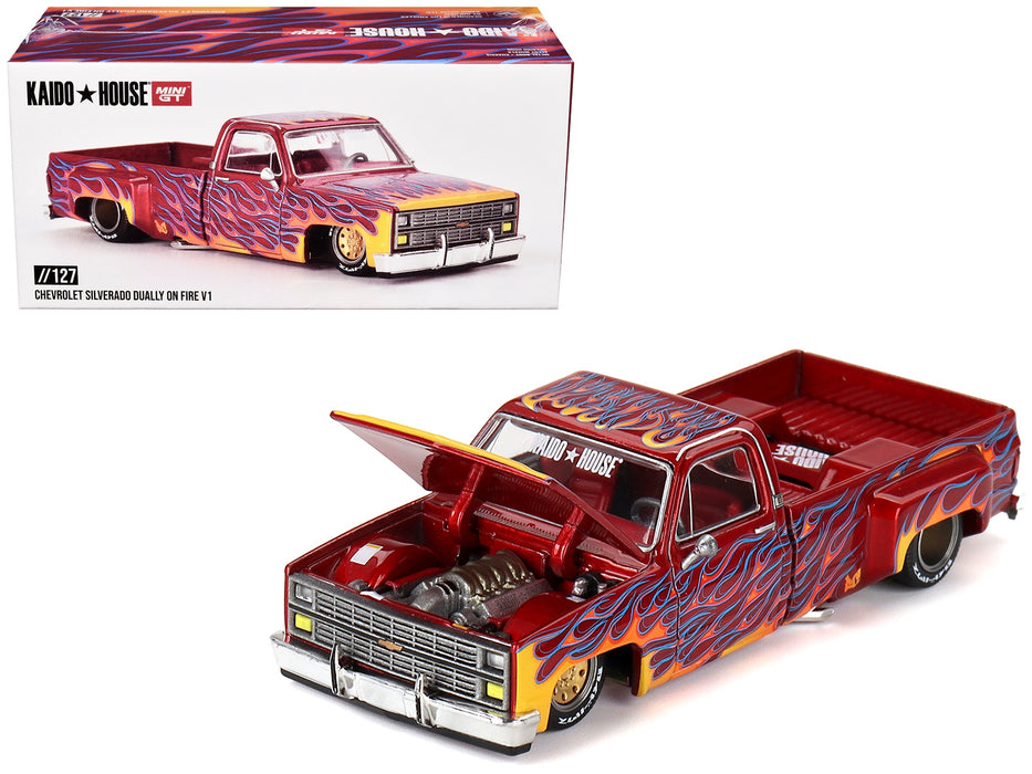 Chevrolet Silverado Dually Pickup Truck "On Fire V1" Red Metallic with Flames and Red Interior (Designed by Jun Imai) "Kaido House" Special 1/64 Diecast Model Car by Mini GT - Miniature Motors
