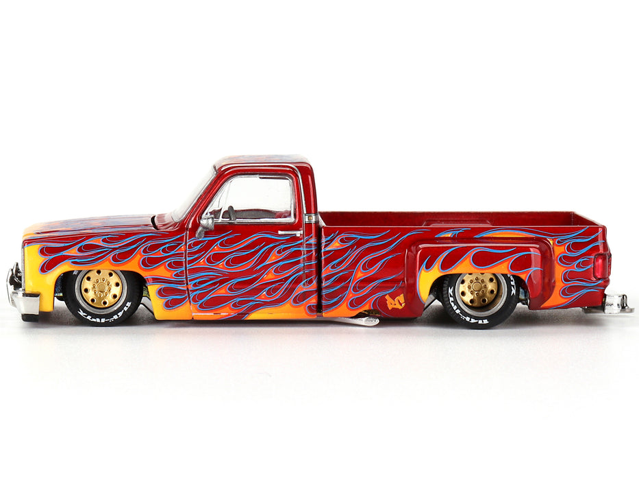 Chevrolet Silverado Dually Pickup Truck "On Fire V1" Red Metallic with Flames and Red Interior (Designed by Jun Imai) "Kaido House" Special 1/64 Diecast Model Car by Mini GT - Miniature Motors