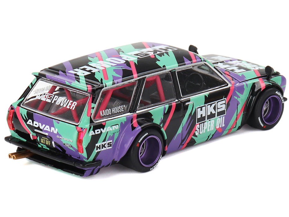 Datsun 510 Wagon RHD (Right Hand Drive) "HKS V1" Black with Graphics (Designed by Jun Imai) "Kaido House" Special 1/64 Diecast Model Car by Mini GT