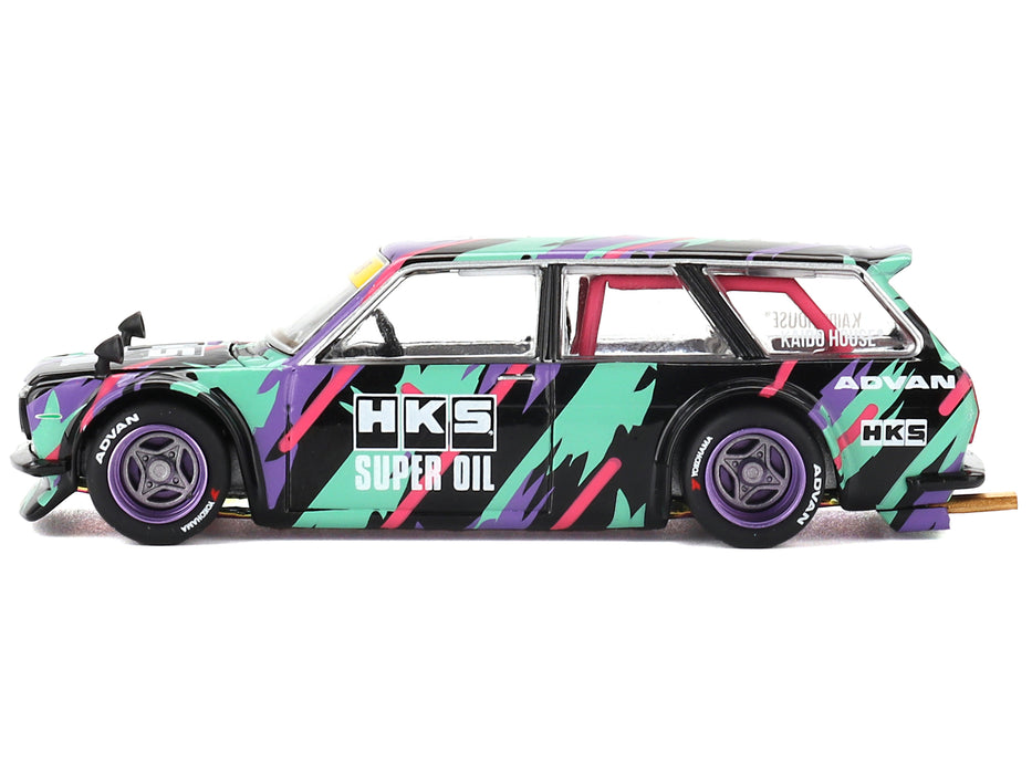 Datsun 510 Wagon RHD (Right Hand Drive) "HKS V1" Black with Graphics (Designed by Jun Imai) "Kaido House" Special 1/64 Diecast Model Car by Mini GT