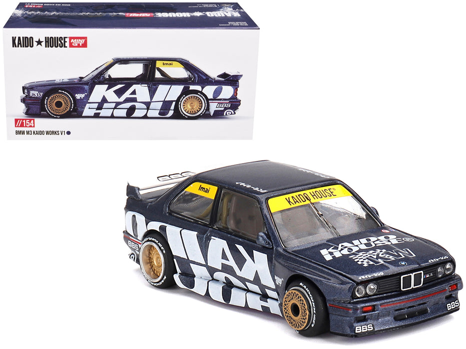 BMW M3 (E30) "Kaido Works V1" Dark Blue Metallic with Graphics (Designed by Jun Imai) "Kaido House" Special 1/64 Diecast Model Car by Mini GT