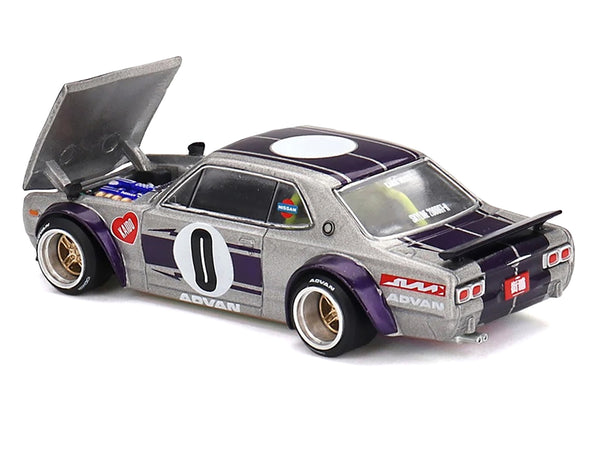 Nissan Skyline 2000GT-R (KPGC10) "Kaido Works V1" RHD (Right Hand Drive) #0 Silver Metallic with Purple Stripes (Designed by Jun Imai) "Kaido House" Special 1/64 Diecast Model Car by Mini GT - Miniature Motors