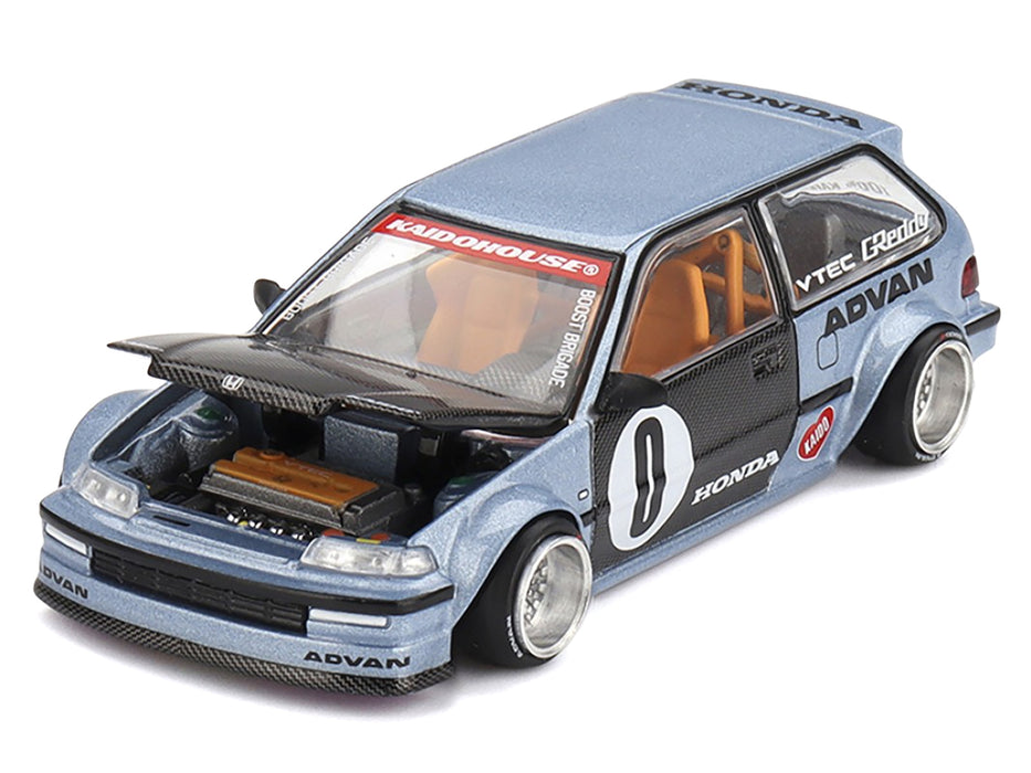 Honda Civic (EF) "Kaido Roulette V1" Blue Metallic with Carbon Hood and Doors (Designed by Jun Imai) "Kaido House" Special 1/64 Diecast Model Car by Mini GT