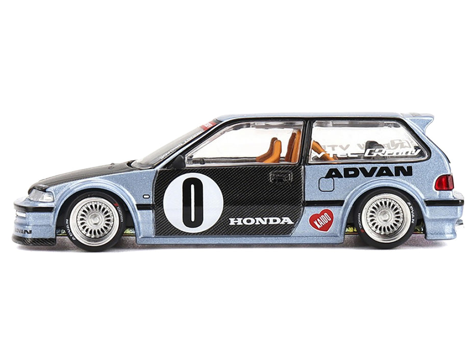 Honda Civic (EF) "Kaido Roulette V1" Blue Metallic with Carbon Hood and Doors (Designed by Jun Imai) "Kaido House" Special 1/64 Diecast Model Car by Mini GT