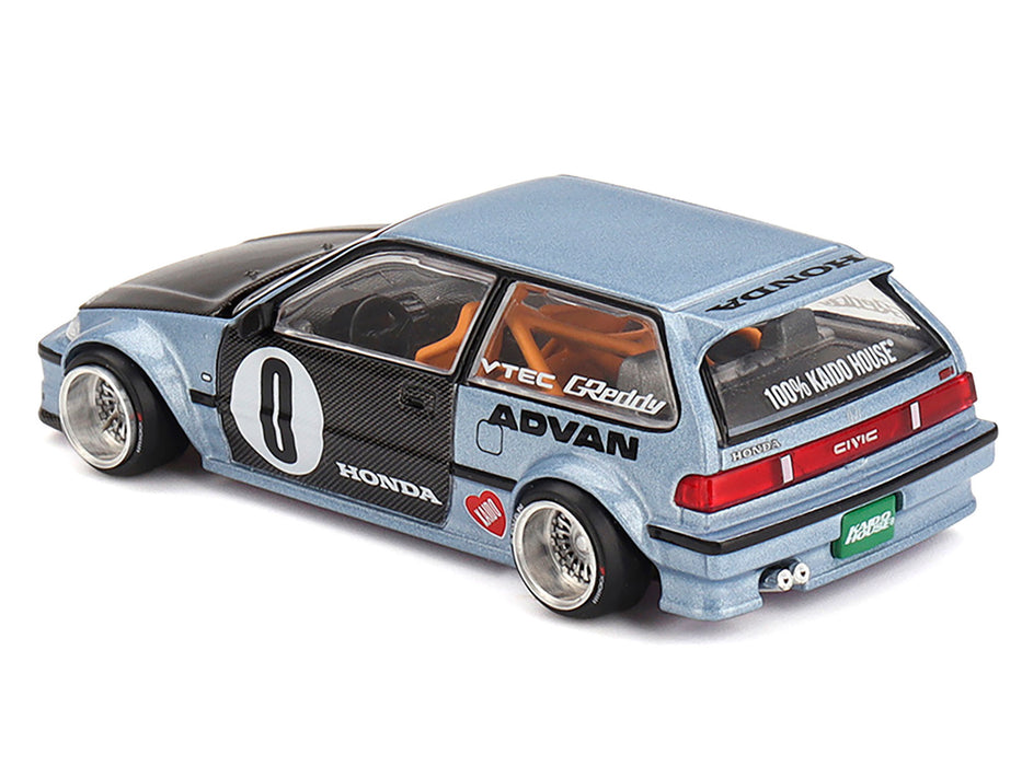 Honda Civic (EF) "Kaido Roulette V1" Blue Metallic with Carbon Hood and Doors (Designed by Jun Imai) "Kaido House" Special 1/64 Diecast Model Car by Mini GT