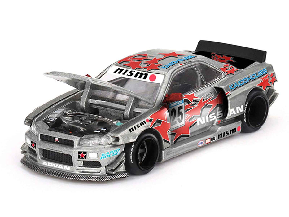 Nissan Skyline GT-R (R34) "Kaido Star Racing V1" RHD (Right Hand Drive) #25 Gray Metallic with Black Hood and Graphics (Designed by Jun Imai) "Kaido House" Special 1/64 Diecast Model Car by Mini GT