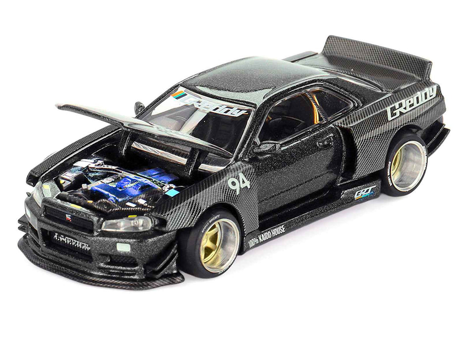 Nissan Skyline GT-R (R34) RHD (Right Hand Drive) #94 "Kaido Works GReddy V2" Carbon Fiber and Dark Gray Metallic (Designed by Jun Imai) "Kaido House" Special 1/64 Diecast Model Car by Mini GT