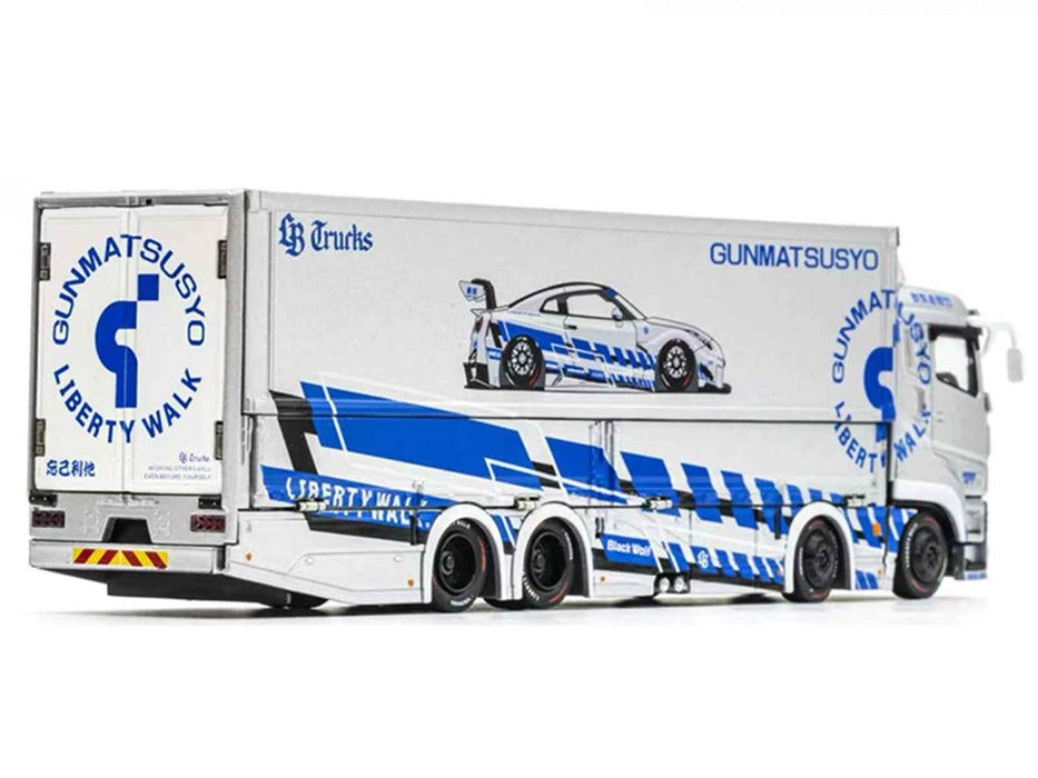 Mitsubishi Fuso Super Great Transporter RHD (Right Hand Drive) "LB-Trucks - Gunmatsusyo" Silver Metallic with Blue Graphics "Tokyo Auto Salon (TAS) 2026 Exclusive" 1/64 Diecast Model by GCD