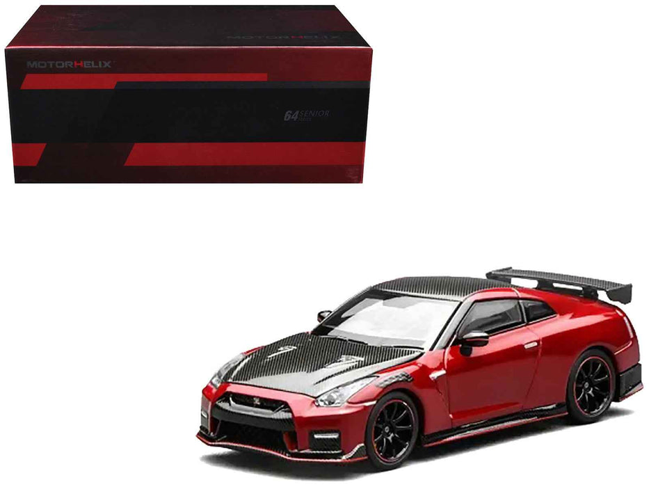 2022 Nissan GT-R Nismo (R35) RHD (Right Hand Drive) Vibrant Red with Carbon Hood and Top "Senior 64" Series 1/64 Diecast Model Car by MotorHelix