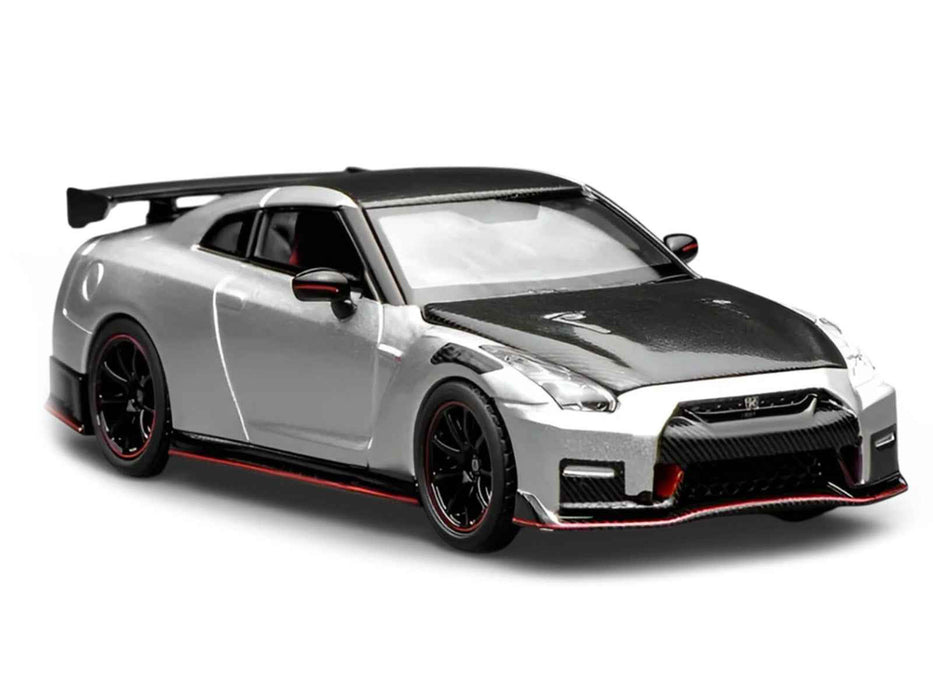 2022 Nissan GT-R Nismo (R35) RHD (Right Hand Drive) Ultimate Metal Silver Metallic with Carbon Hood and Top "Senior 64" Series 1/64 Diecast Model Car by MotorHelix