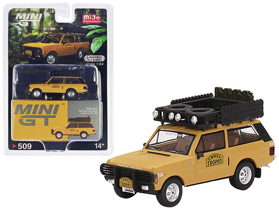 Range Rover with Roofrack Tan "Camel Trophy - Papua New Guinea Team USA" (1982) Limited Edition to 2400 pieces Worldwide 1/64 Diecast Model Car by Mini GT - Miniature Motors
