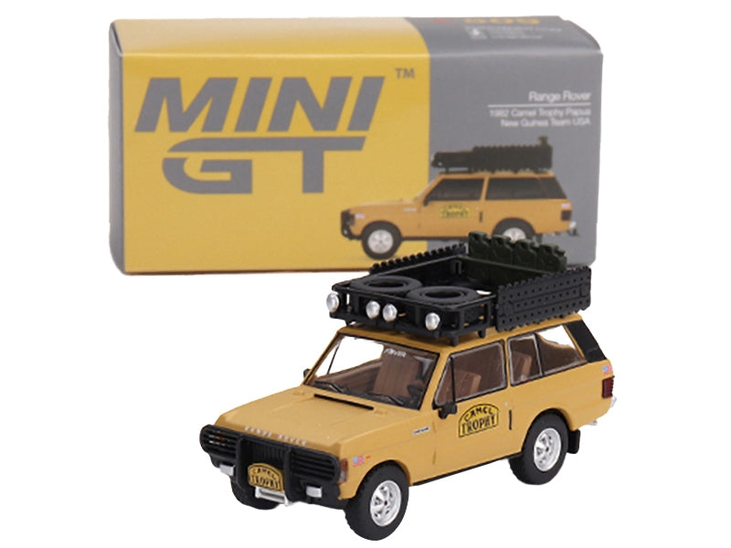 Range Rover with Roofrack Tan "Camel Trophy - Papua New Guinea Team USA" (1982) Limited Edition to 2400 pieces Worldwide 1/64 Diecast Model Car by Mini GT - Miniature Motors
