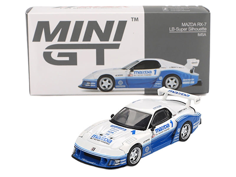 Mazda RX-7 LB-Super Silhouette RHD (Right Hand Drive) "IMSA" White and Blue Limited Edition 1/64 Diecast Model Car by Mini GT