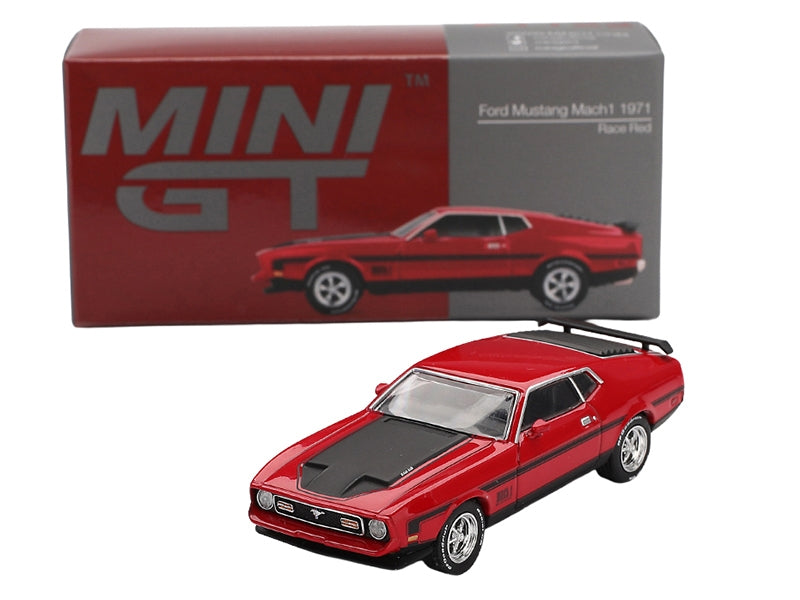 1971 Ford Mustang Mach 1 Race Red with Black Hood and Stripes Limited Edition 1/64 Diecast Model Car by Mini GT