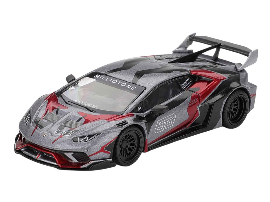 Lamborghini Huracan GT LB-WORKS "RONIN" Gray Metallic with Black and Red Graphics 1/64 Diecast Model Car by Mini GT