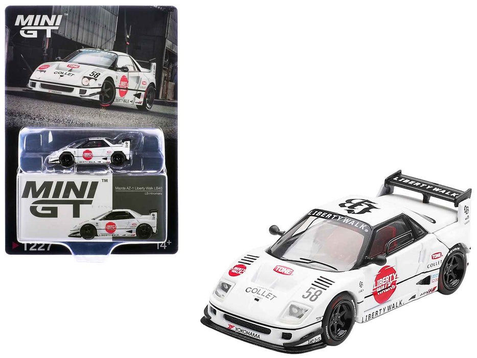 Mazda AZ-1 Liberty Walk LB40 RHD (Right Hand Drive) #58 "LB-Hinomaru" White with Graphics and Red Interior Limited Edition 1/64 Diecast Model Car by Mini GT