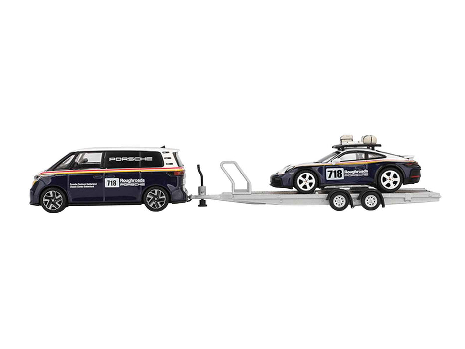 Porsche 911 Dakar #718 Blue and White with Roof Rack and Volkswagen ID. Buzz Blue and White with Flatbed Trailer "Porsche Centrum Gelderland Roughroads" Set of 3 pieces Limited Edition 1/64 Diecast Model Car by Mini GT