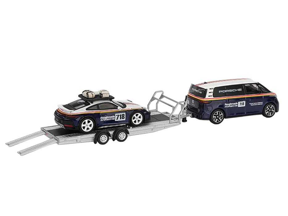 Porsche 911 Dakar #718 Blue and White with Roof Rack and Volkswagen ID. Buzz Blue and White with Flatbed Trailer "Porsche Centrum Gelderland Roughroads" Set of 3 pieces Limited Edition 1/64 Diecast Model Car by Mini GT