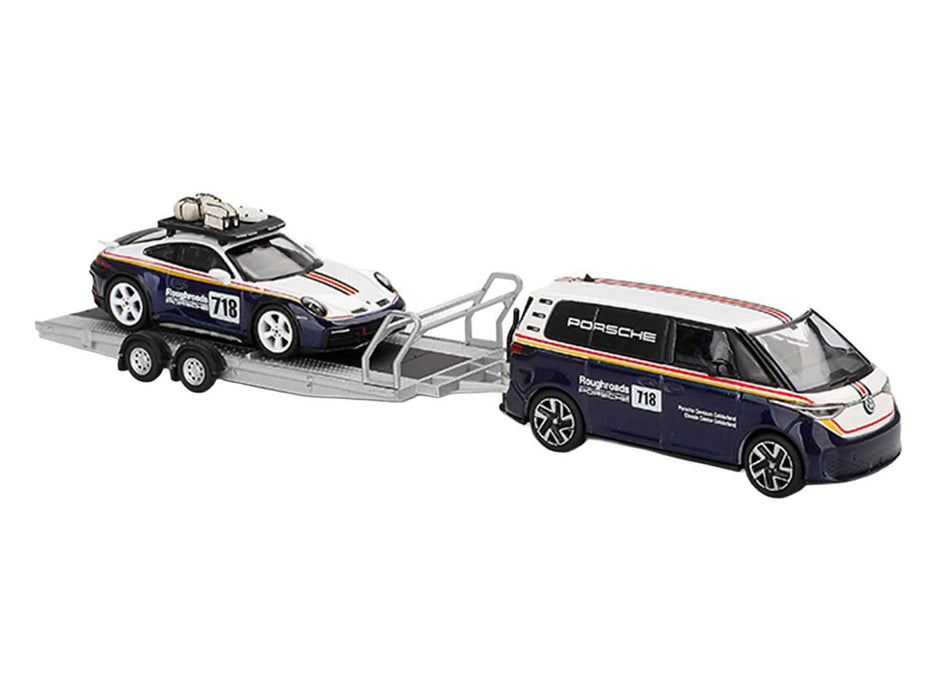 Porsche 911 Dakar #718 Blue and White with Roof Rack and Volkswagen ID. Buzz Blue and White with Flatbed Trailer "Porsche Centrum Gelderland Roughroads" Set of 3 pieces Limited Edition 1/64 Diecast Model Car by Mini GT