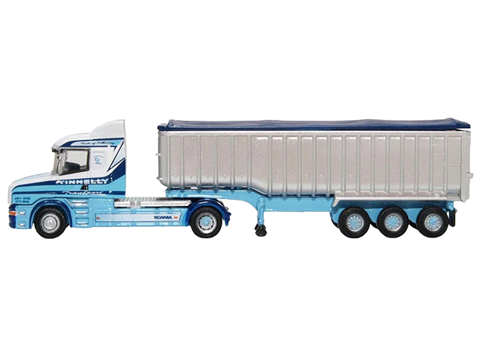 Scania T-Cab Truck RHD (Right Hand Drive) with Covered Dump Trailer "Tinnelly" White with Blue Graphics 1/148 (N) Scale Diecast Model Car by Oxford Diecast