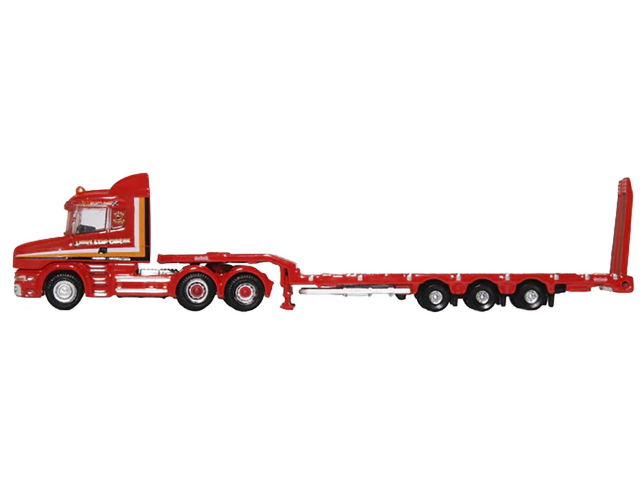 Scania T-Cab Truck RHD (Right Hand Drive) with Lowboy Trailer "Sandy Kydd" Red with Stripes 1/148 (N) Scale Diecast Model Car by Oxford Diecast