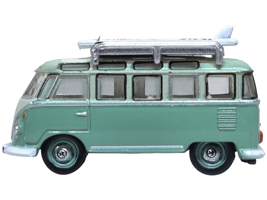 Volkswagen T1 Samba Bus RHD (Right Hand Drive) Green Two-Tone with Surfboards on Roof Rack 1/148 (N) Scale Diecast Model Car by Oxford Diecast